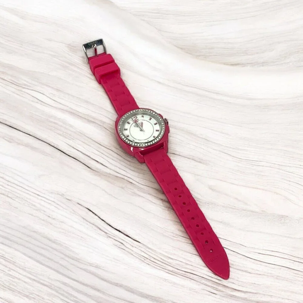 Coach Women's Boyfriend Watch Pink Silicone Strap With Crystal Bezel & Logo